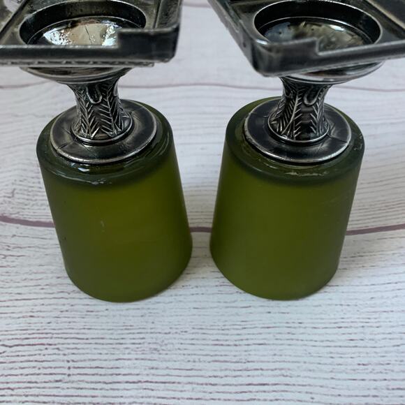 Green Frosted Glass Votive Candle Holders Set of 2 Square Metal Base 4 3/8" - Picture 8 of 16